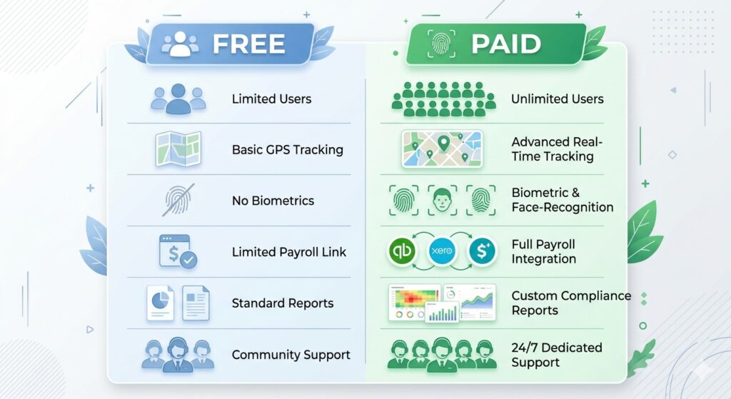 Comparison chart of free vs paid attendance software features