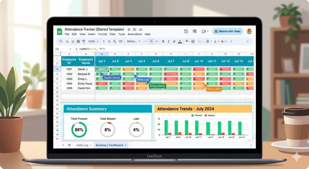 Google Sheets attendance template being edited collaboratively with real‑time updates and a summary tab