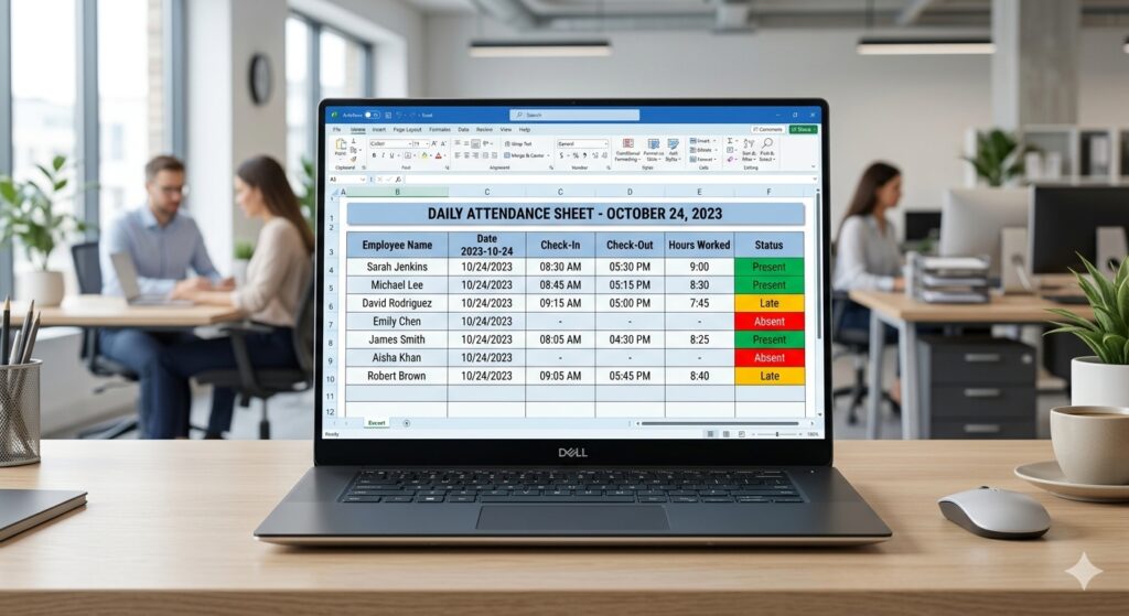 Sample daily employee attendance sheet with color‑coded status cells