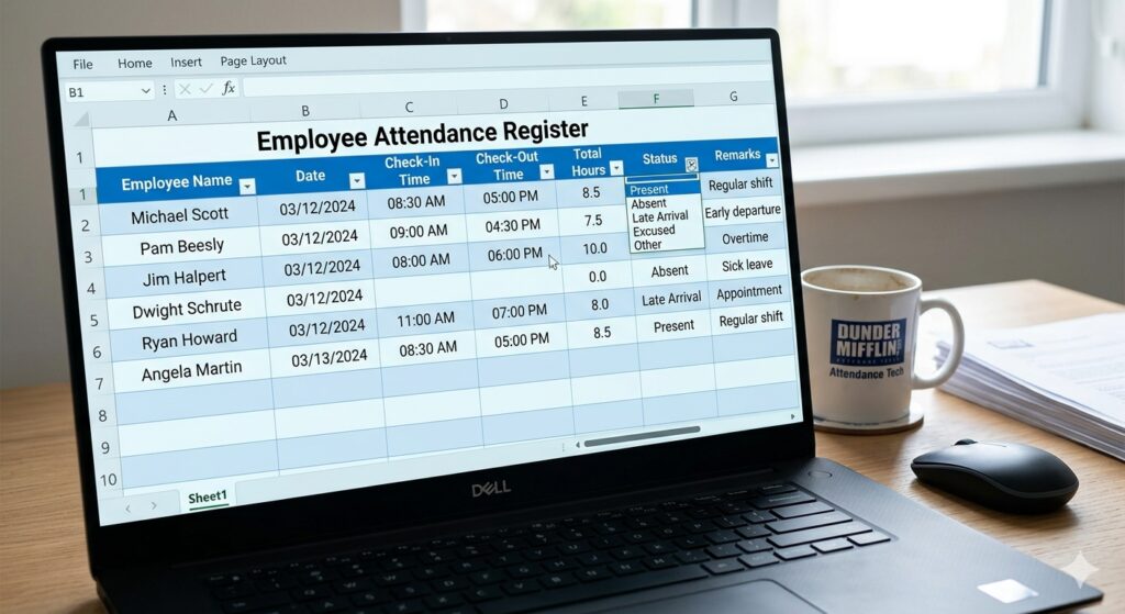 Sample employee attendance register spreadsheet with columns for name, date, check‑inout, status, and notes