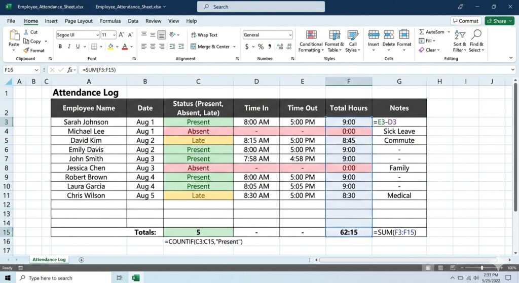 Screenshot of a free employee attendance sheet in Microsoft Excel showing columns for name, date, status, and formulas