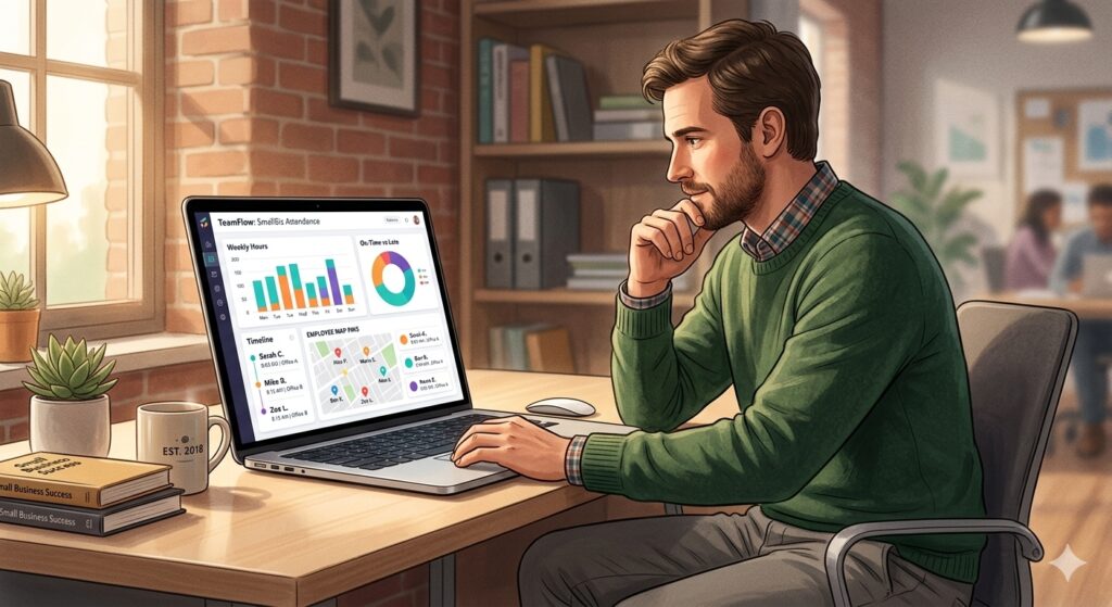 Small business owner reviewing attendance dashboard on laptop