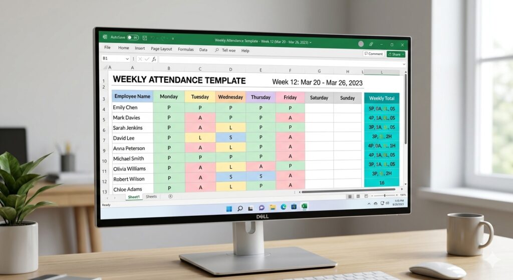 Weekly attendance template displaying a week range header and summary totals