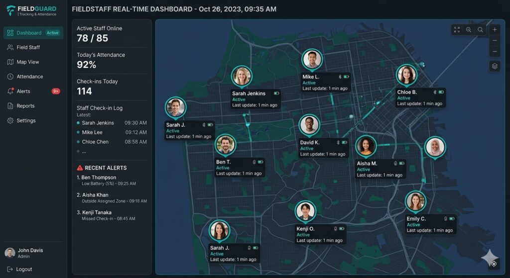 Dashboard with real‑time GPS locations and selfie thumbnails of field staff