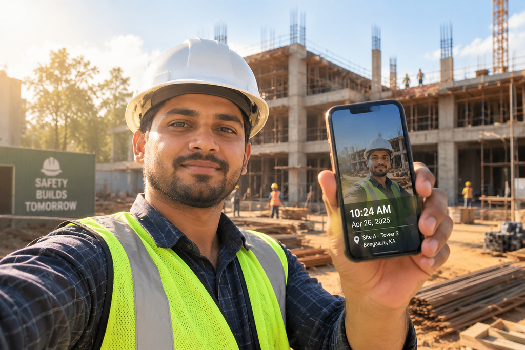 Employee taking a selfie at a job site for geofence punch verification