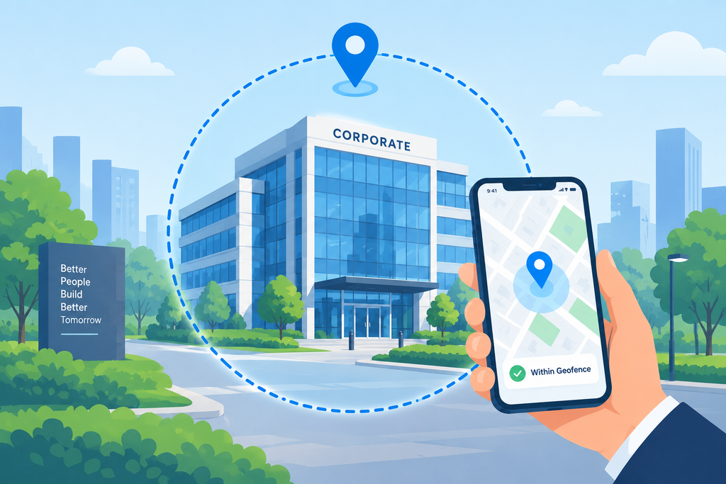 Illustration of a geofence boundary around an office building with a smartphone showing GPS location inside the fence.