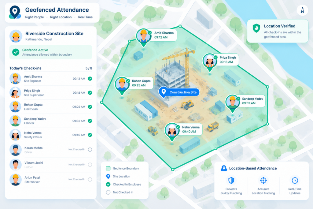 Map view with geofenced area and employee icons checking in