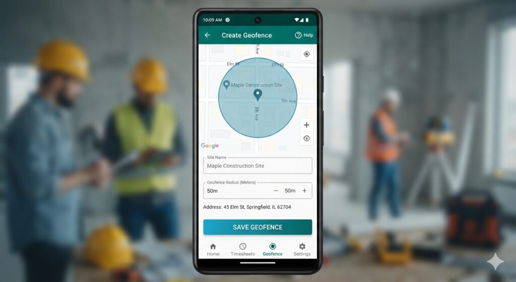 Mobile app screen showing geofence setup for a job site
