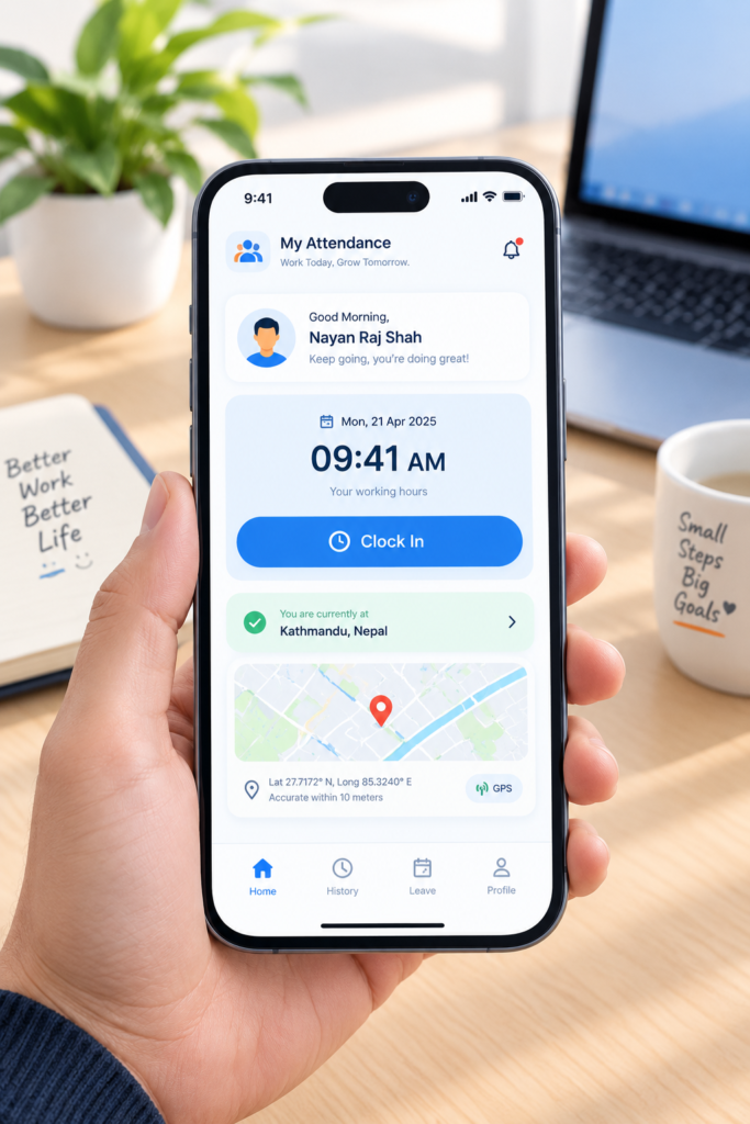 Smartphone showing a mobile attendance app with GPS location pin